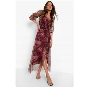 Y2K Chiffon Rose Boho Maxi Dress Sz 12 Burgundy Bare Shoulders Bodice Fairy Prom